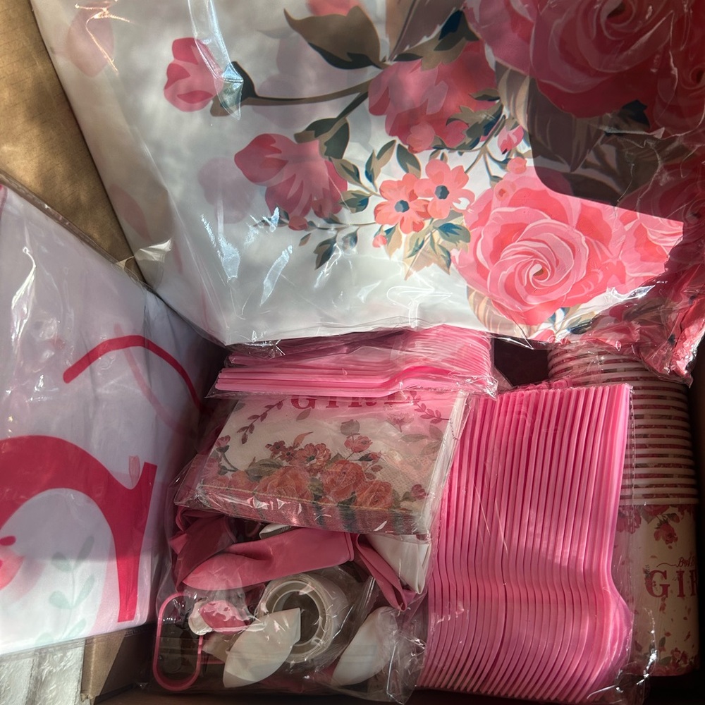 Baby shower or gender reveal party in box for 24 Its a girl  plates cups banner
